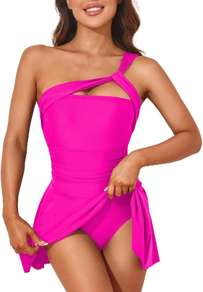 Aleumdr Women's Modest One Piece Swimsuit Ruched Swimdress Skirted Swimsuit One Shoulder Bathing ... | Amazon (US)