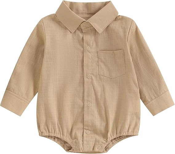 Baby Boy Button Down Shirt Romper White Lapel Bubble Romper Bodysuit Solid Color Basic Tops Outfi... | Amazon (US)