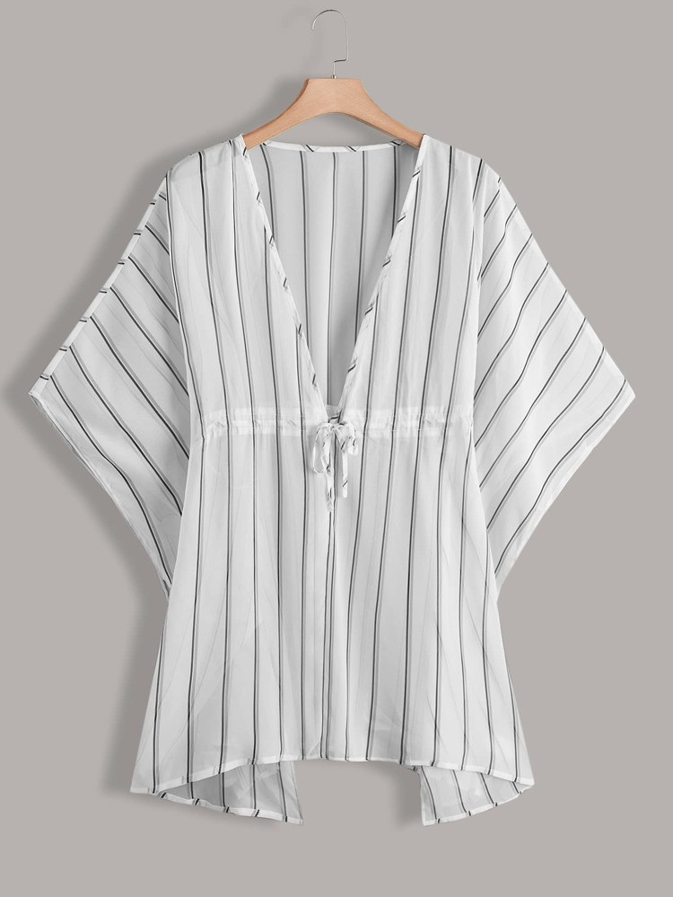 Striped Print Drawstring Waist Cover Up | SHEIN