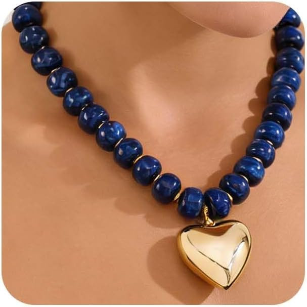 Chunky Beads Necklace for Women Trendy Gold Puffy Heart Choker Necklace Colorful Resin Beaded Heart Pendant Necklaces Statement Jewelry | Amazon (US)