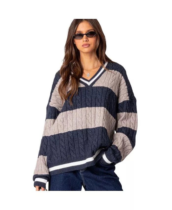 Edikted Women's Romie v neck cable knit sweater - Macy's | Macy's