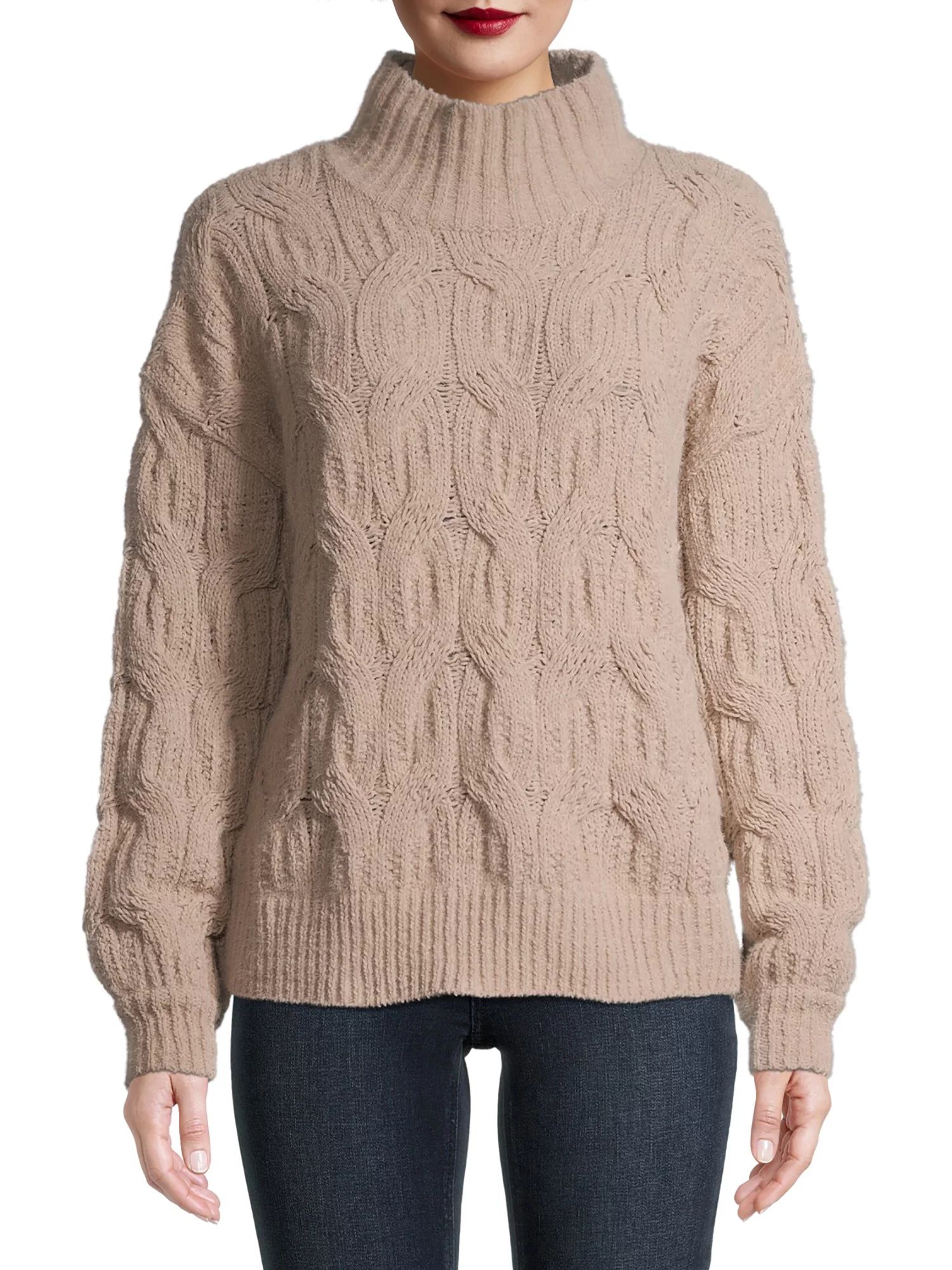 Time and Tru Women's Mockneck Cable Knit Sweater - Walmart.com | Walmart (US)