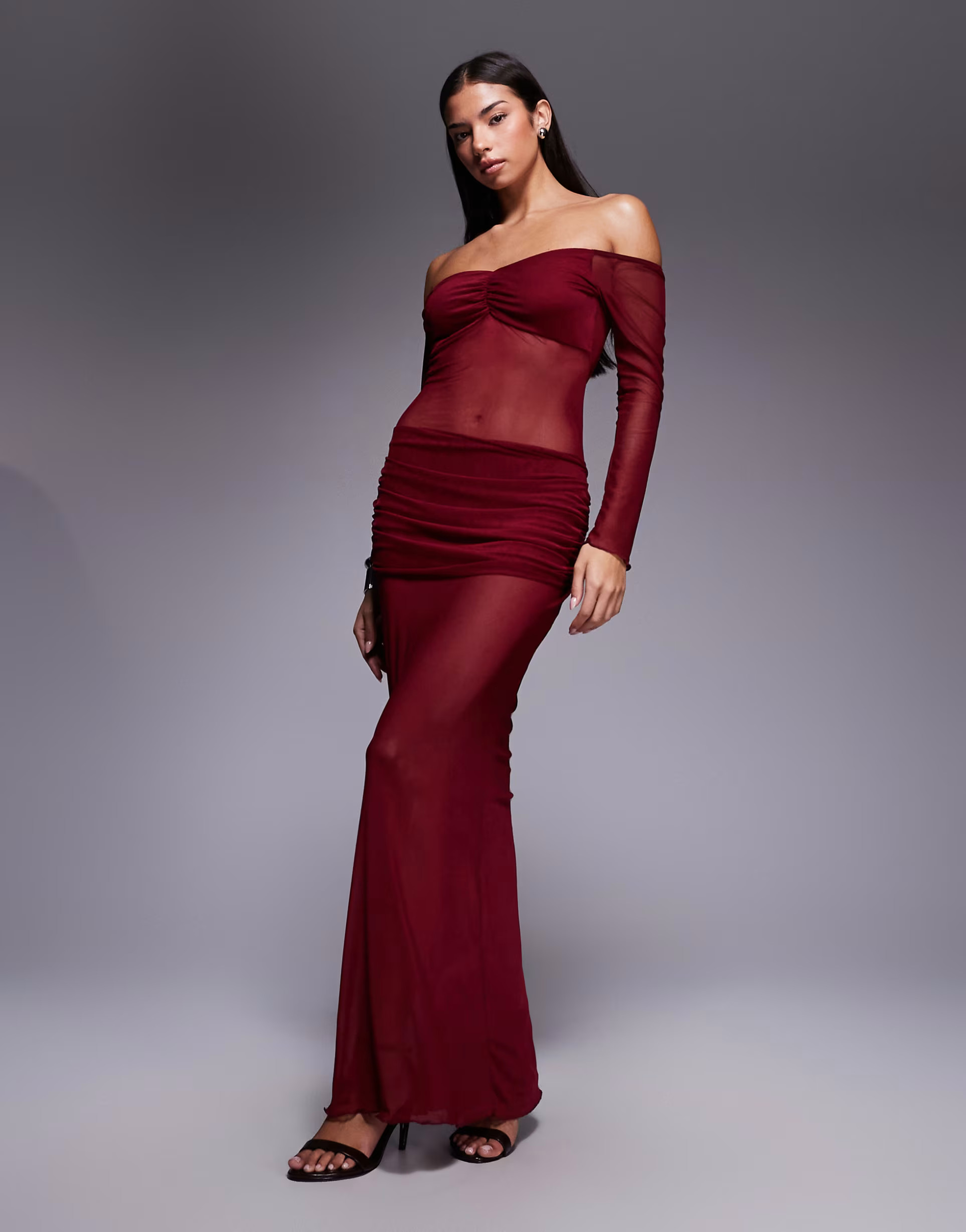 Fashionkilla Exclusive mesh long sleeve sheer insert ruched detail maxi dress in burgundy | ASOS (Global)