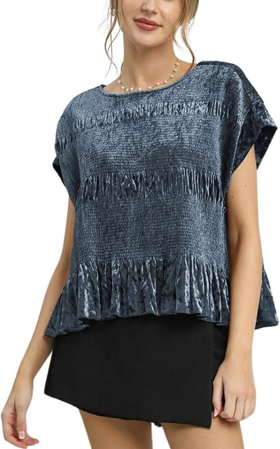 Huaqiao Womens Velvet Blouse Casual Round Neck Short Sleeves Smock Flared Swing Tops Elegant Pull... | Amazon (US)