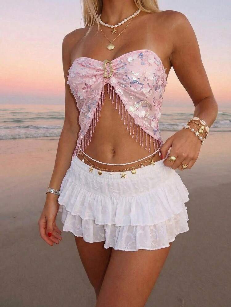 Sundraya Women's Vacation Beach Floral Sequin Fringed Hem Bandeau Top | SHEIN