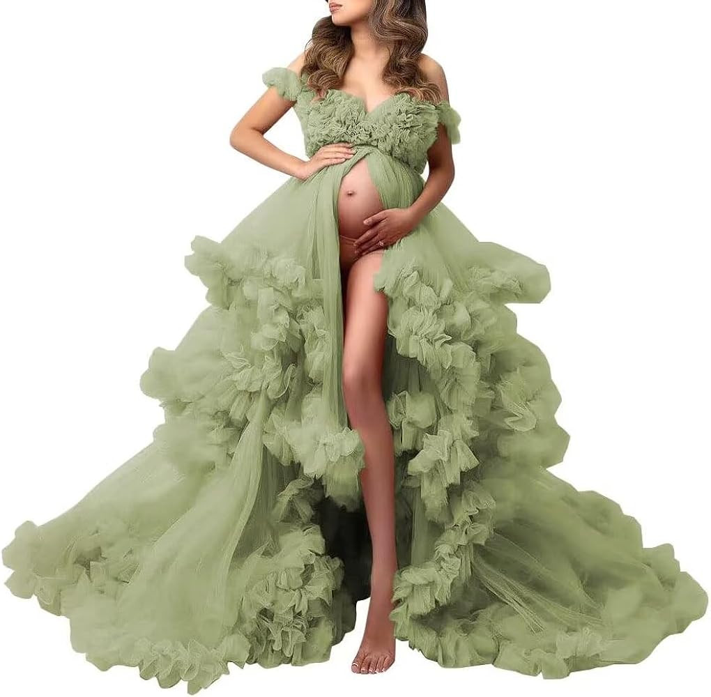 Maternity Dress for Photoshoot Puffy Ruffles Bridal Lingerie Bathgown Off Shoulder Tulle Pregnanc... | Amazon (US)