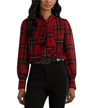 Lauren Ralph Lauren Georgette Checkered Plaid Tie Neck Long Sleeve Blouse - L | Dillard's