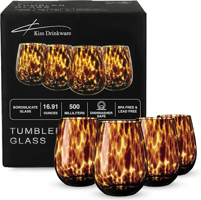 Joseph Sedgh Collection Tortoise Shell Stemless Wine & Water Glass Set of 4 \u2013 16.91 oz Boros... | Amazon (US)