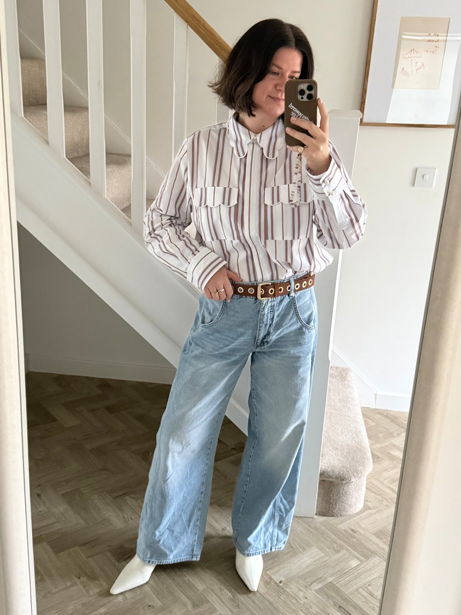 Softly striped shirt with the daintiest scallop collar, relaxed wide legs & spring boots. The muted browns and blues on white lends a retro 70’s nod I love

#LTKeurope #LTKuk #LTKspring