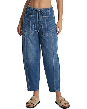Women's Wide Leg Baggy Jeans Elastic Waist Barrel Jeans Trendy Loose Drawstring Ankle Denim Pants | Amazon (US)