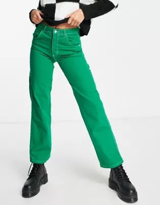 Bershka carpenter utility jeans with contrast stitching in bright green | ASOS (Global)