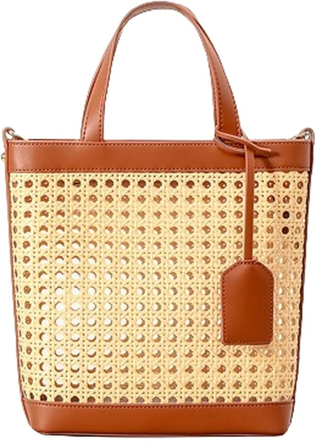Rattan Tote Bag for Women Straw Beach Bag Crossbody Purse PU Leather Summer Shoulder Bag Cute Hob... | Amazon (US)