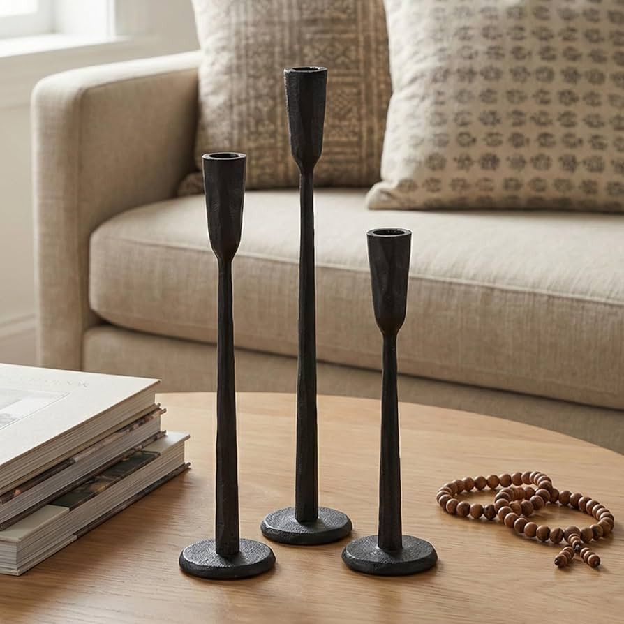 Black Iron Taper Candle Holder Set of 3, Heavy Wrought Iron Candlestick Holders Decorative Candle... | Amazon (US)