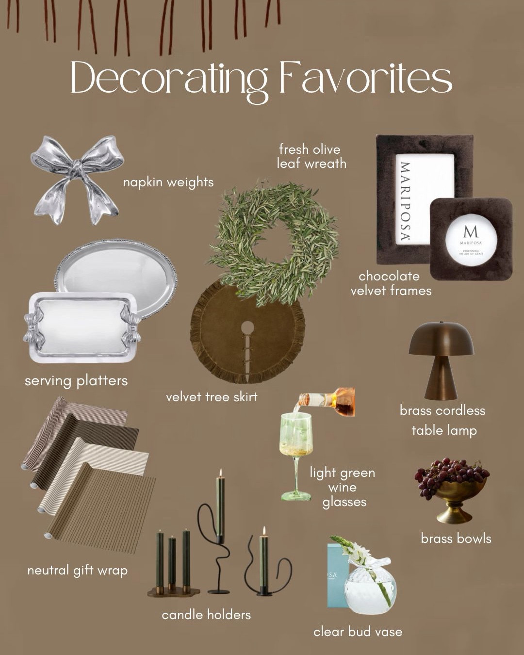 Decor Favorites featuring @mariposagift 
Hostess Gifts 
Gift Guide 
#ad 

Glassware 
Wreath
Garland
Neutral wrapping paper
Serveware 
Candles 
Candle holders 
Brass lamp
Bud vase 
Tree skirt 
Velvet picture frames 
Serving platter
Velvet ornaments
Handcrafted vase 
Napkin holder 
Green wine glass 
Bow garland 
Holiday decor 
Christmas decor 


@luluandgeorgia
@h&mhome 
@zazzle
@afloral
@cb2
@crateandbarrel 
@potterybarn 
@target



#LTKParties #LTKSeasonal #LTKHome