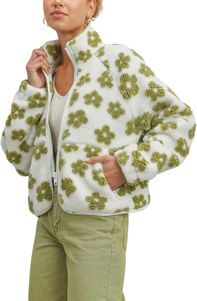 chouyatou Women's Fall Winter Casual Cute Floral Fleece Jacket Fuzzy Zip Up Sherpa Jacket Faux Fu... | Amazon (US)