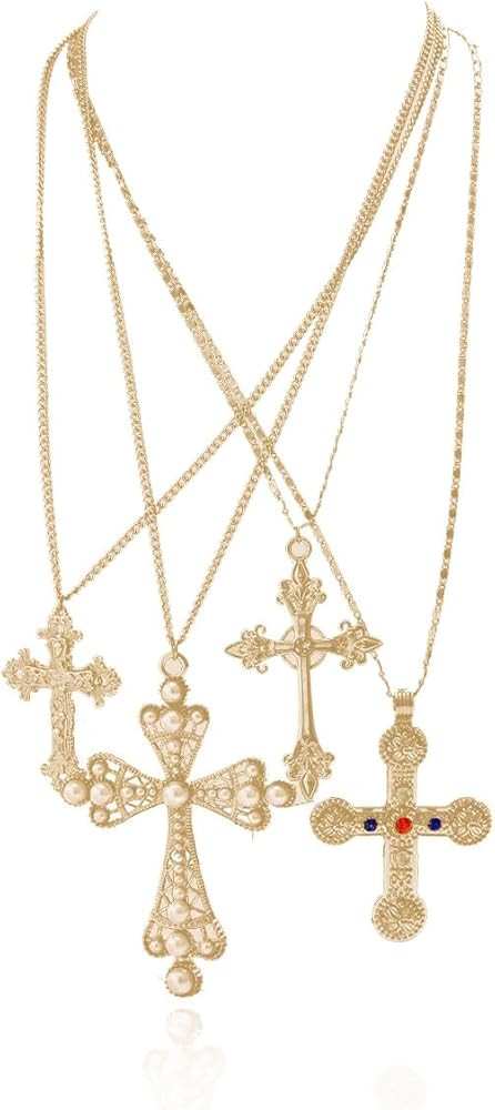 Cross Pendant Necklace Set for Women Punk Grunge Imitation Pearl Cross Layered Chain Necklace Sta... | Amazon (US)