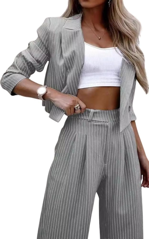 Women's 2 Piece Blazer Set Striped Cropped Blazers Jacket High Waist Wide Leg Work Pants Business... | Amazon (US)