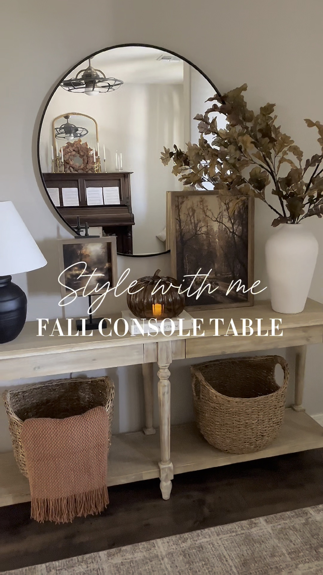 Style with me FALL CONSOLE TABLE!  Follow @lifeinmyarizonahome on Instagram for more inspiration. 

My front entryway is all ready for fall with these beautiful stems and vase, artwork, and glass amber pumpkin. I added a flameless candle for that cozy vibe.  My console table is probably one of my favorite areas to style and it’s on major sale right now. 
For reference the sheep on an autumn path canvas is in the 16x22 size and the canvas in the easel is in the 9x9 size both with the briarsmoke stain. 

#falldecor #consoletablestyling #homedecor 

#LTKSeasonal #LTKSaleAlert #LTKHome