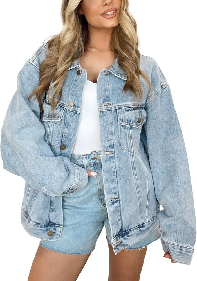 Kedera Women's Oversized Jean Jacket Long Blue Denim Jacket Long Sleeve Button Down Trucker Jacke... | Amazon (US)
