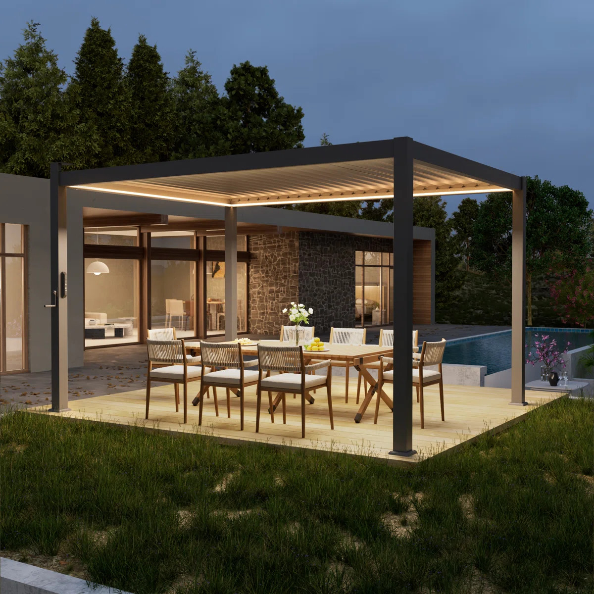 Solar Light Metal Pergola with Adjustable Louvers and Concealed Water Drainage System | Wayfair North America