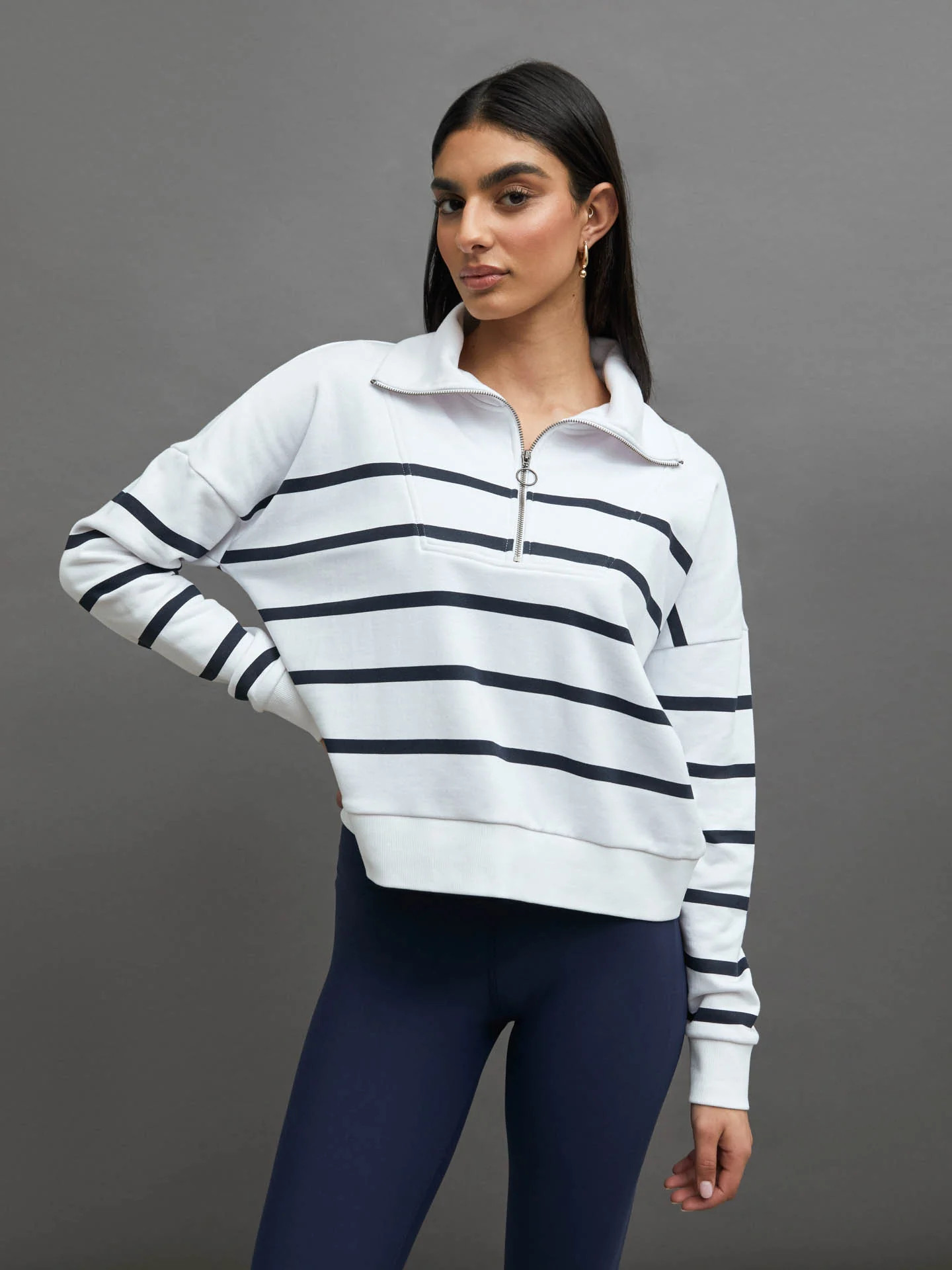 BRETON STRIPE FRENCH TERRY 1/2 ZIP -  WHITE/ NAVY | Carbon38