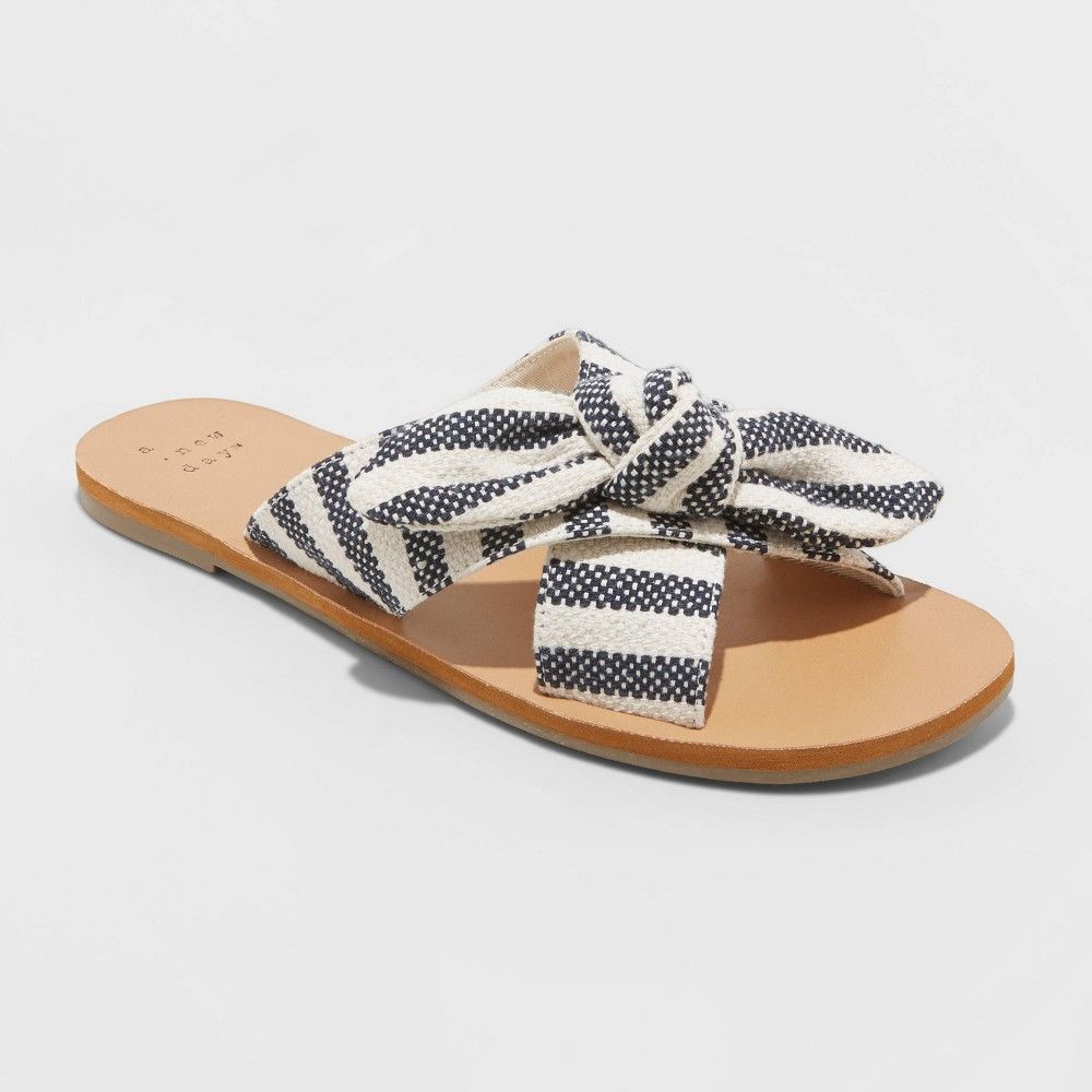 Women's Livia Wide Width Stripe Knotted Bow Slide Sandals - A New Day™ 5.5W | Target