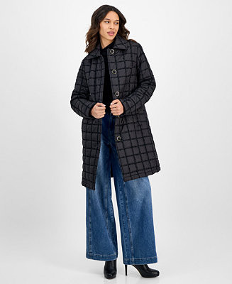 Women's Long Bouclé Windowpane Quilted Coat | Macy's