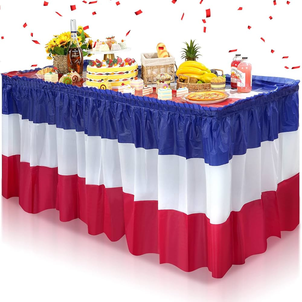 1 Pack 4th of July Plastic Table Skirts Decorations, Red White and Blue Patriotic Disposable Tabl... | Amazon (US)