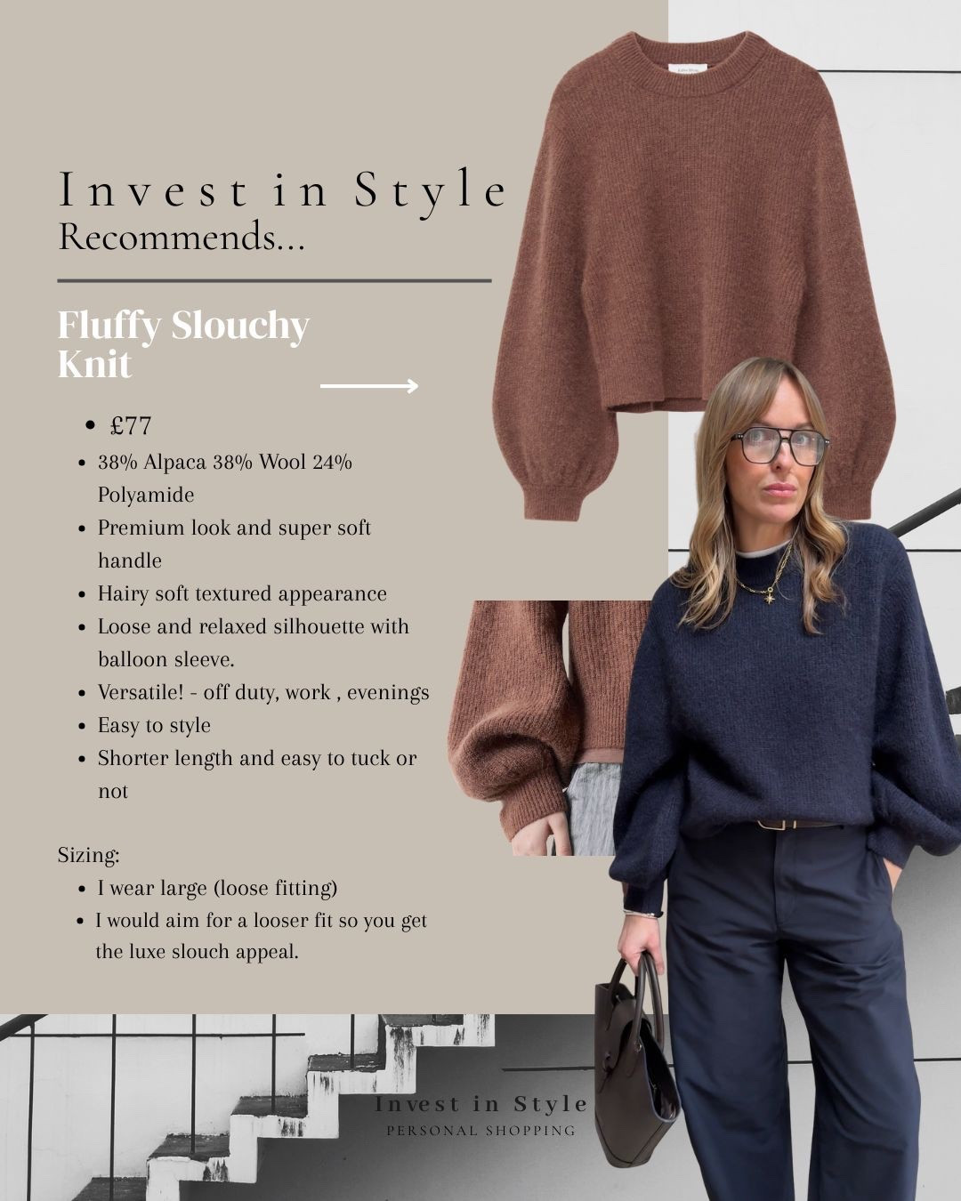 Alpaca wool slouchy knit recommendation …. 

Notes in image 
I’m wearing the large for a relaxed fit 

#LTKstyletip #LTKuk