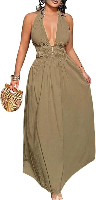 RoseSeek Women's Tie Back Halter Dress Deep V Neck Maxi Dresses Boho Outfit | Amazon (US)