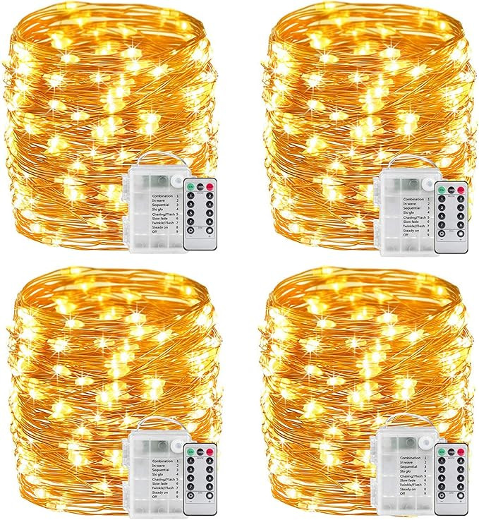 33Ft String Lights Battery Operated with Remote Control Timer, 100LED 4 Pack Waterproof 8 Modes C... | Amazon (US)