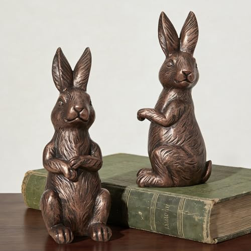 DN DECONATION Easter Decorations Bunny Figurines Set of 2 - Bronze Rabbit Statues Farmhouse Spring Vintage Home Decor, Resin Easter Tabletop Antique Decor for Shelf, Mantel, Coffee Table | Amazon (US)