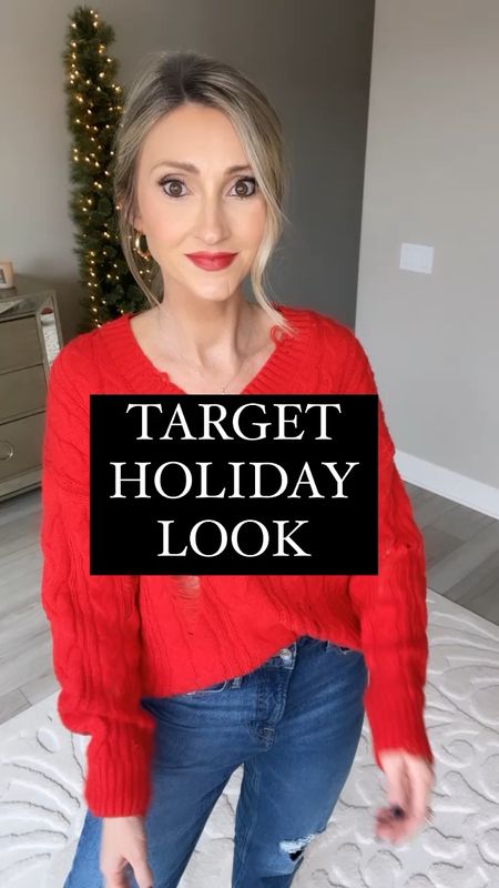 Target holiday look. Red sweater size M. Rhinestone heels. Christmas earrings. Party look. Work party outfit. Casual. Casual holiday style. Festive look

#LTKSeasonal #LTKHoliday #LTKunder50