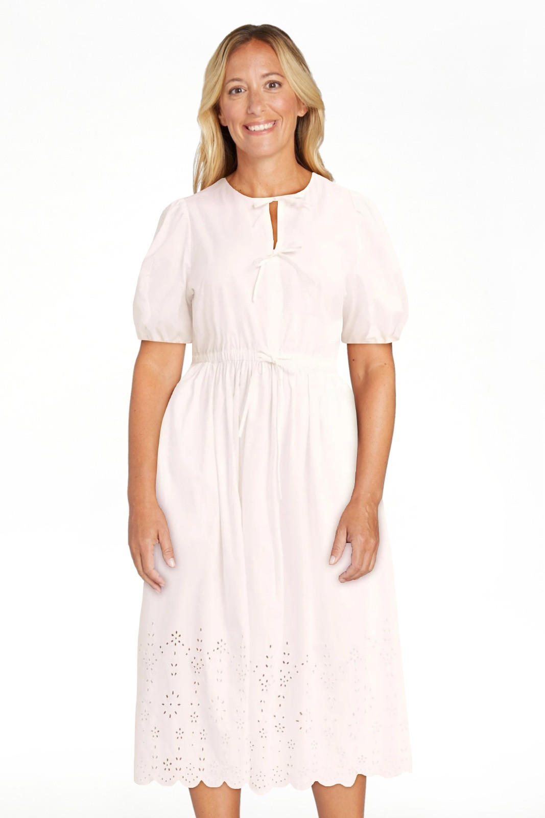 Free Assembly Women's and Women's Plus Tie Front Cotton Eyelet Midi Dress with Short Puff Sleeves... | Walmart (US)