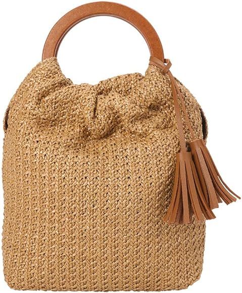 QTKJ Hand-woven Large Straw Tote Bag with Brown Leather Tassels Boho Brown Wooden Round Handle To... | Amazon (US)