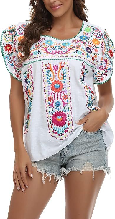 YZXDORWJ Women's Summer Boho Embroidery Mexican Bohemian Tops Shirt Tunic | Amazon (US)