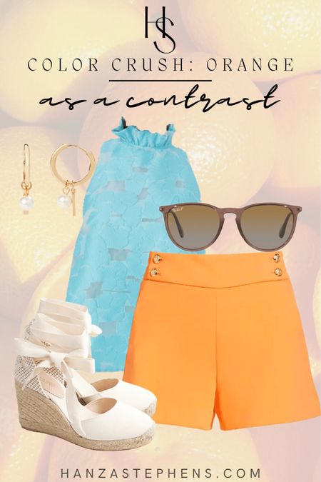 Orange as a contrast
Orange shorts with the prettiest high neck sky blue top and neutral wedges 

#LTKshoecrush #LTKstyletip