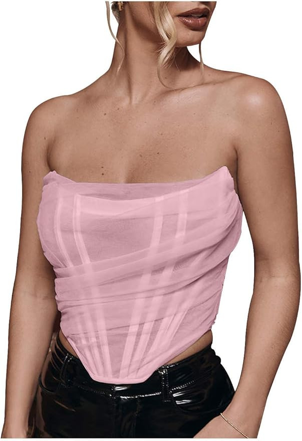 L'VOW Women's Sexy Strapless Mesh Bustier Open Back Boned Corset Crop Top | Amazon (US)
