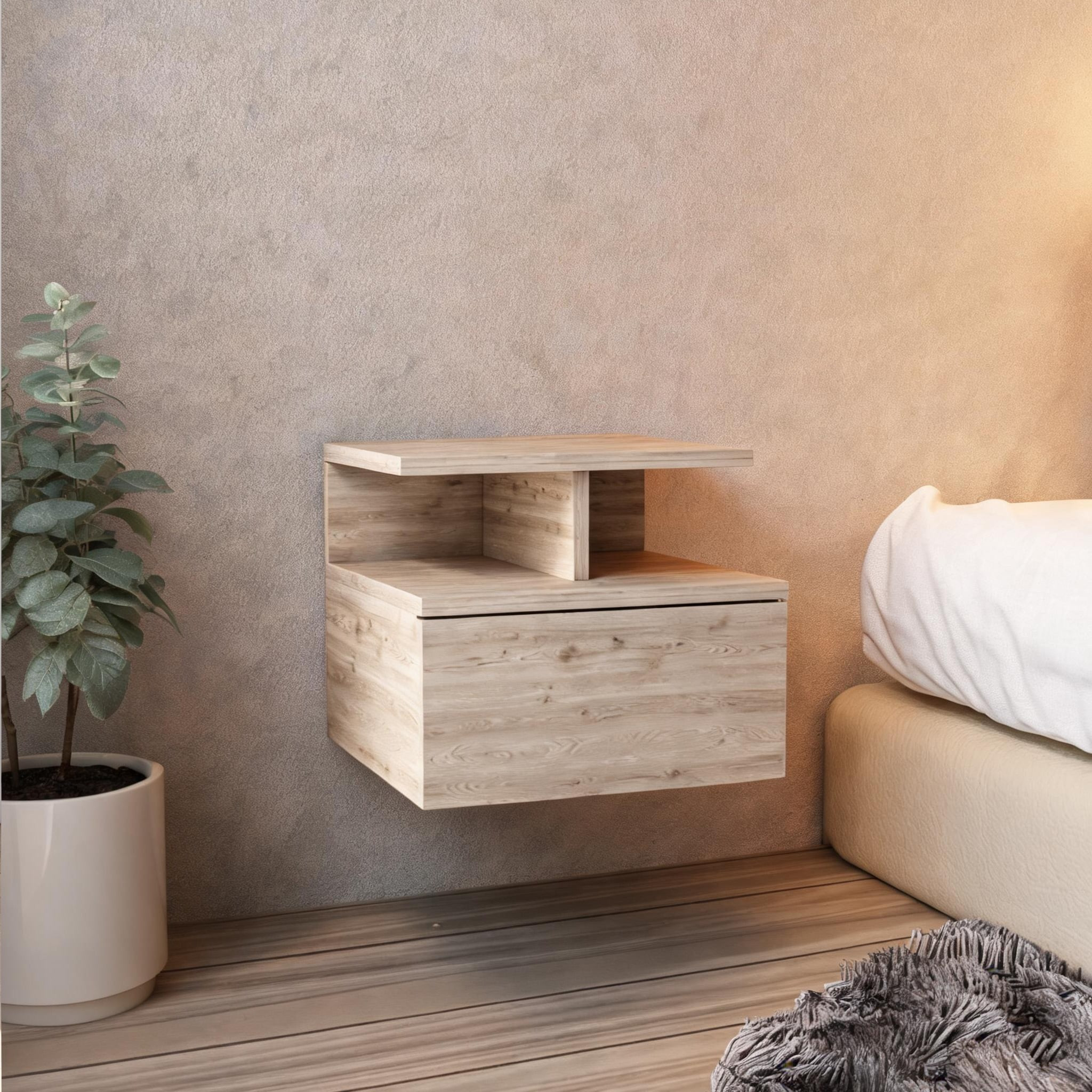 Naturefalls Gray-toned engineered wood floating nightstand with drawer and open shelves for modern wall-mount bedroom storage one_size | L0T7PJ6LVV24 | Lowe's