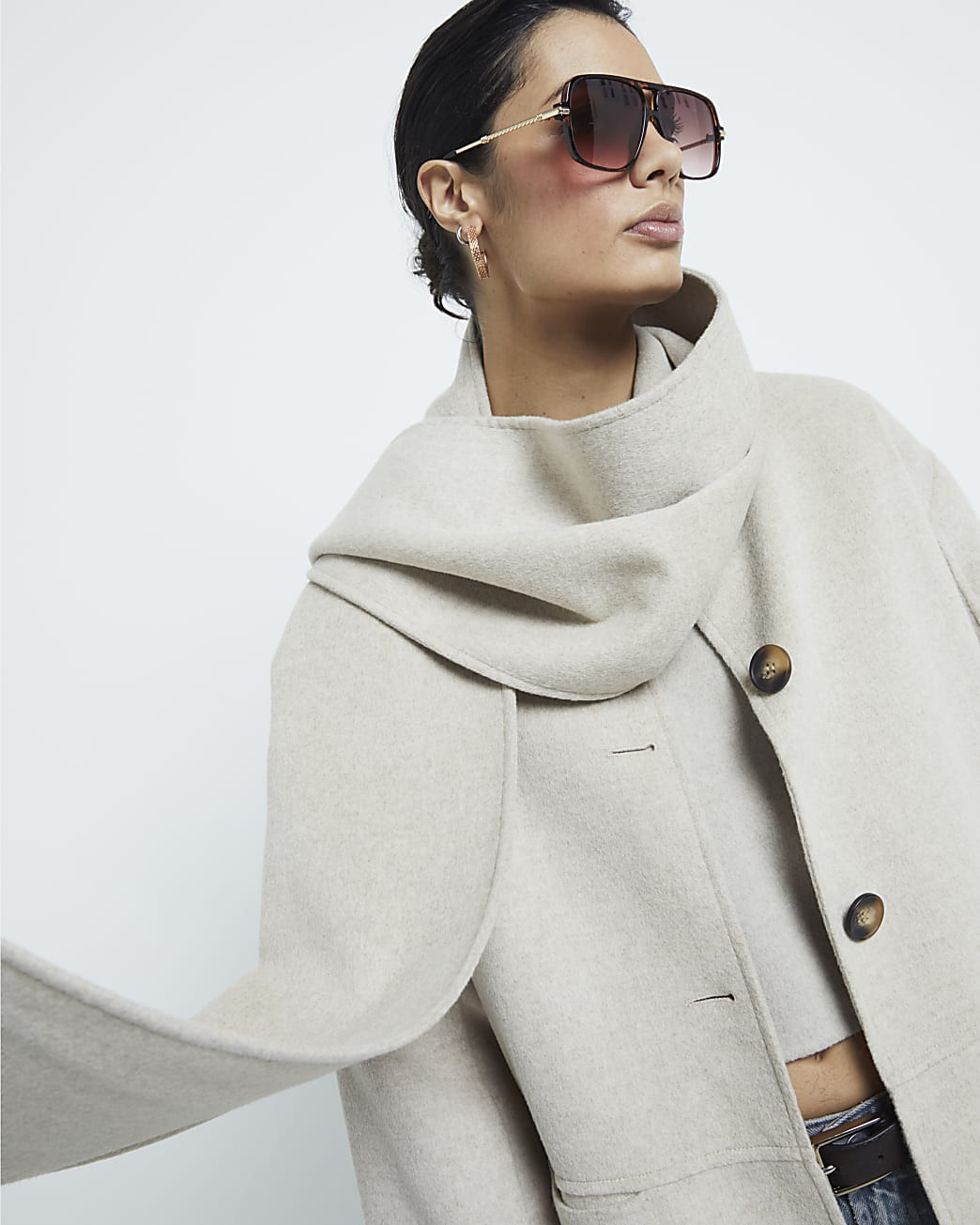 Beige Premium Wool Blend Scarf Coat | River Island (UK & IE)