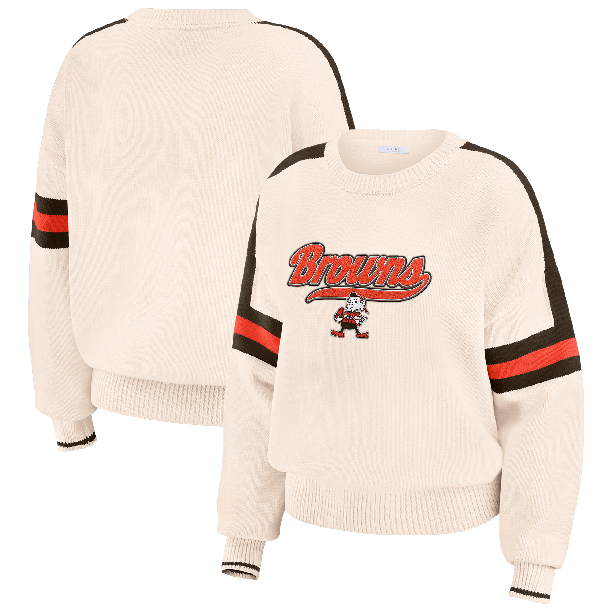 Cleveland Browns WEAR by Erin Andrews Women's Stripe Pullover Sweater - Cream | Fanatics