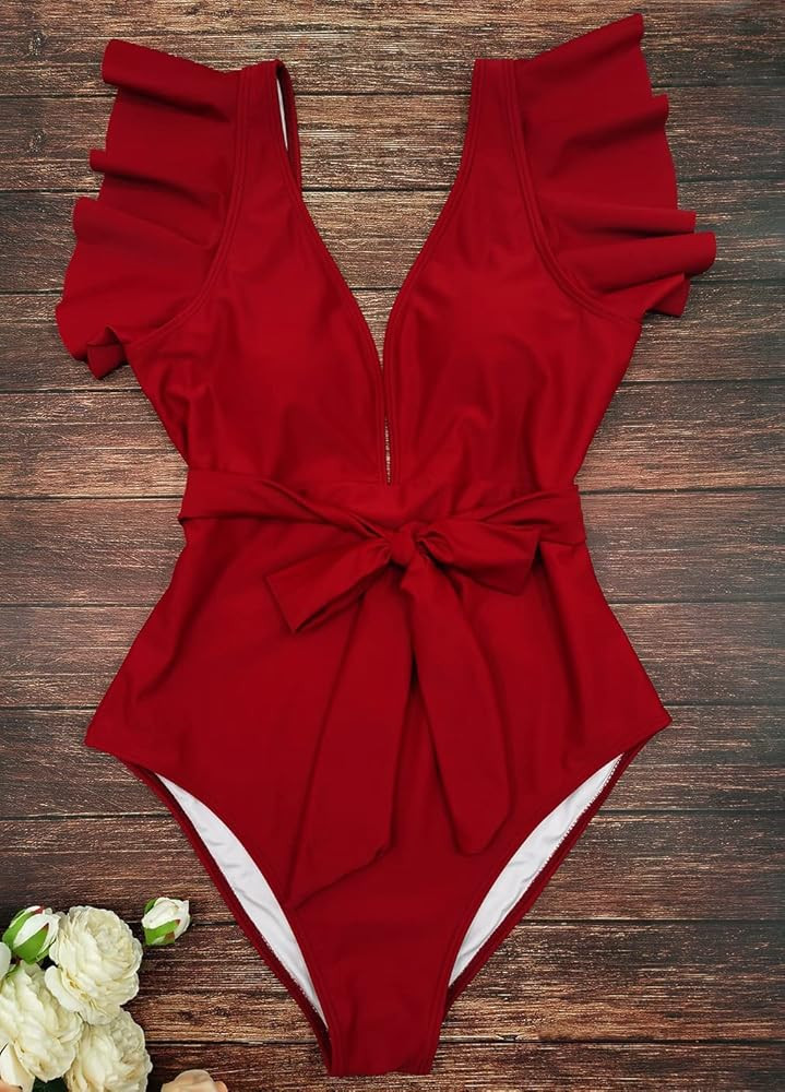 Binlowis Deep V Neck Flounce One Piece Swimsuit Ladies Floral Print Plunging Beachwear Bathing Suit | Amazon (US)