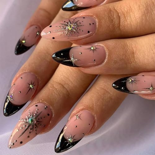 Black French Tip Press on Nails Medium Gold Glitter Rhinestones Design Almond Tip Press Ons False Nail Full Cover Artificial Nails Reusable Handmade Glue on Nails for Women 24Pcs | Amazon (US)