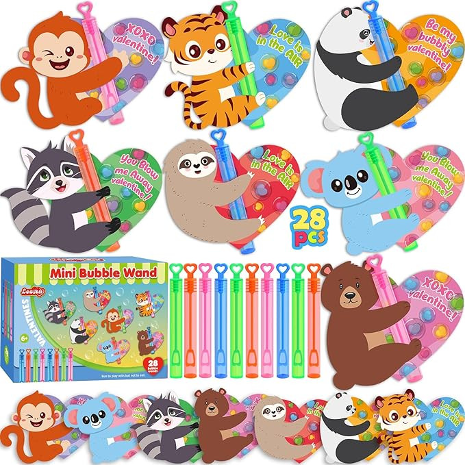LEASEN Valentines Day Gifts for Kids, 28 Pack Mini Bubble Wands with Valentines Animal Themes Gre... | Amazon (US)