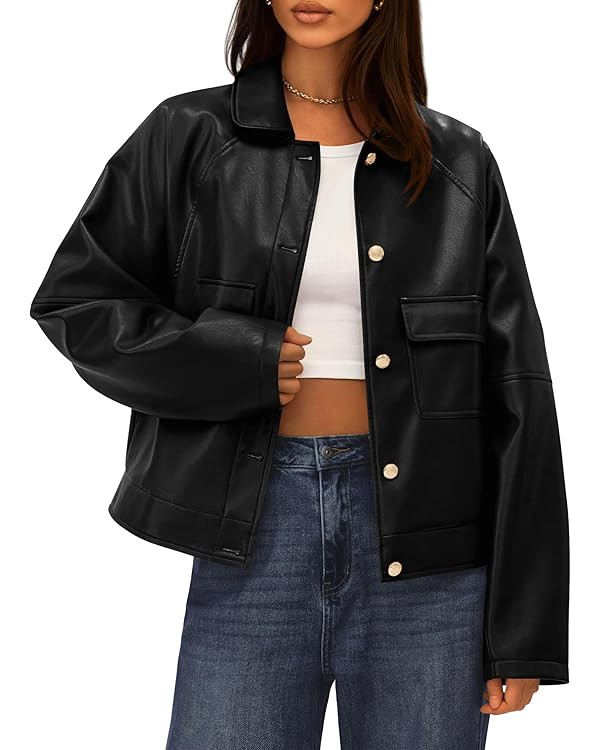 BTFBM Leather Jacket Women Fall Clothes 2025 Long Sleeve Button Down Winter Coats Oversized Motor... | Amazon (US)