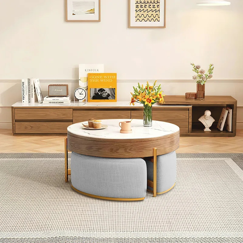 Modern Round Faux Marble Lift-Top Coffee Table Set with Stools and Storage | Wayfair North America