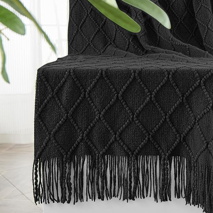 inhand Knitted Throw Blankets for Couch and Bed, Soft Cozy Knit Blanket with Tassel, Black Lightw... | Amazon (US)