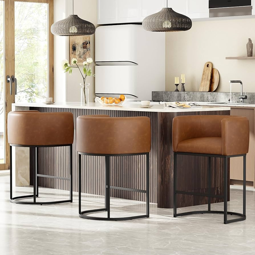 26" H Counter Height Bar Stools Set of 3, Modern Barrel Counter Stools with Backrest and Arms, Fa... | Amazon (US)