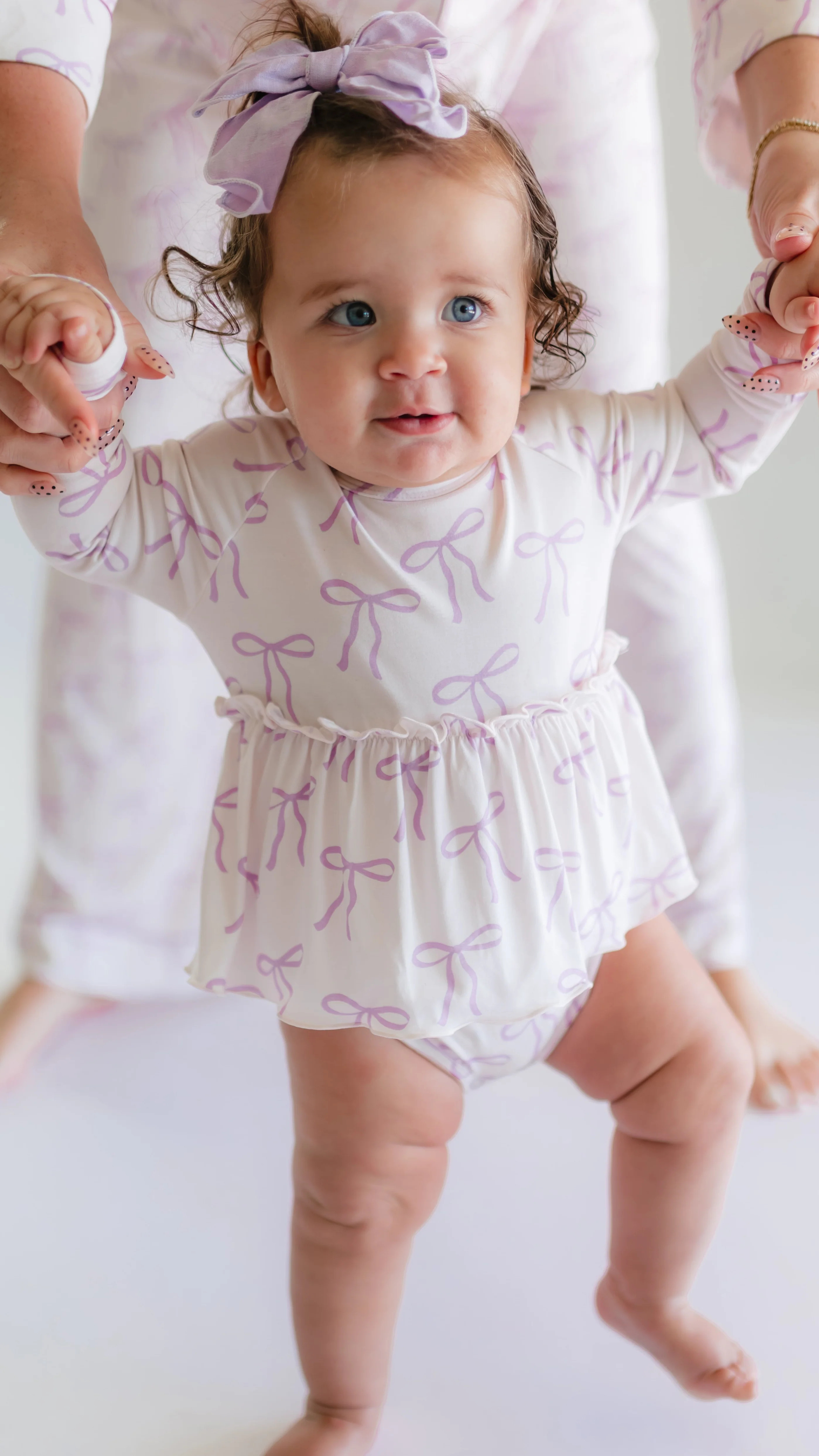 Infant Long Sleeve and Skirt Onesie in Purple Bows | Silks Design