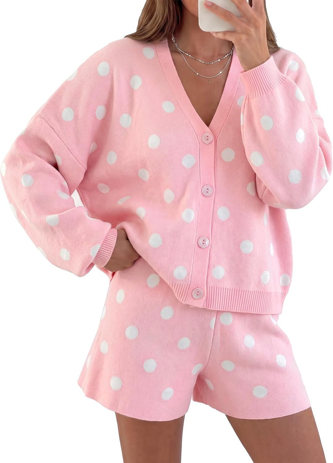 Tankaneo Womens 2 Piece Outfits Polka Dot Shorts Sets Knit Cardigan Sweater | Amazon (US)